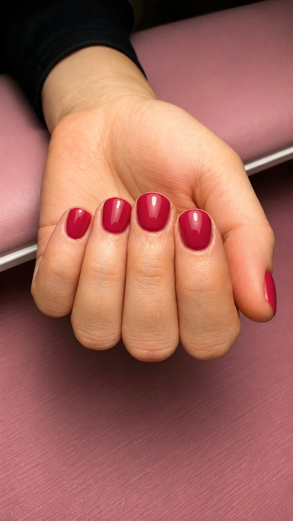 Korte ronde nagels in een glanzende rode gellak